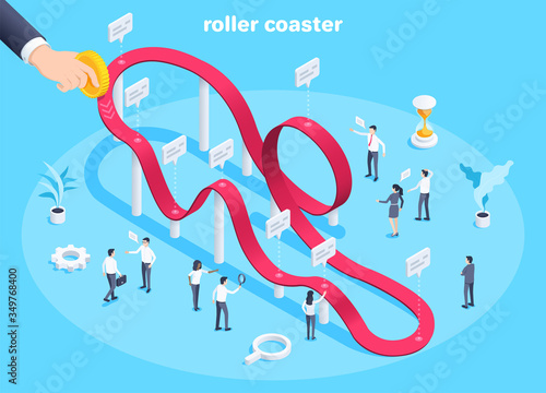 isometric vector image on a blue background, business people and roller coaster chart, male hand holds a gold coin, changing value of money