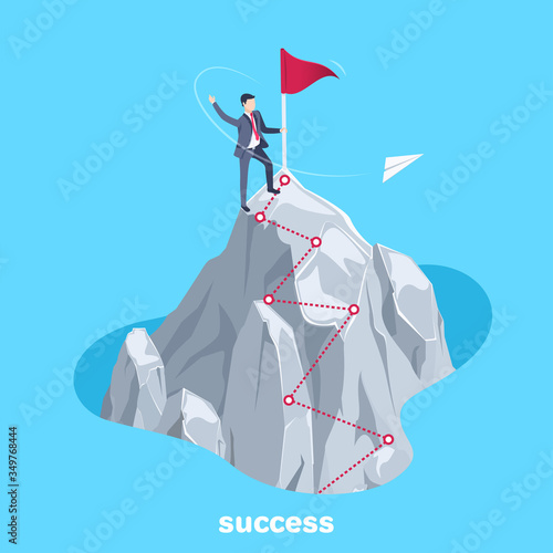 isometric vector image on a blue background, a man in a business suit stands on top of a mountain near the flag and the path to success is in the form of a dotted red line