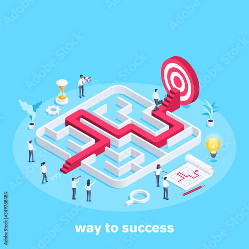 isometric vector image on a blue background, people in business clothes go through the maze, the path to the goal or success, teamwork and business strategy