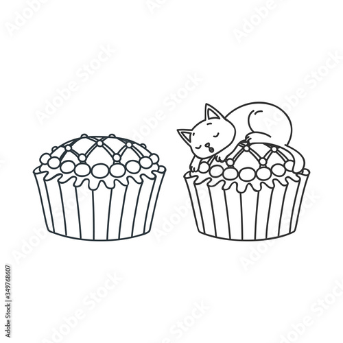 Cupcake and kitten. Cute illustration of a glazed cupcake and a little white kitten sleeping on a cupcake. Objects isolated on white. Vector 8 EPS.