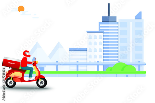 Concept of express delivery service, scooter man is preparing the shipment to deliver the goods to customers in the city.