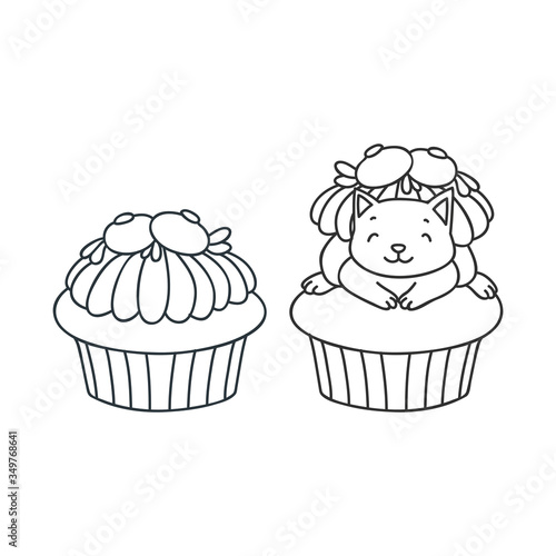 Cupcake and kitten. Cute illustration of a blueberry cupcake and a little white kitten sitting on a cupcake. Objects isolated on white. Vector 8 EPS.