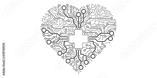 Heart shape with circuit pattern and cross sign in the center.