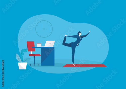 Business yoga concept. businesswoman meditating on table vector.