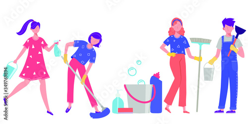 Illustration on the theme of cleaning. People do cleaning at home or in the office. Vector illustration in the flat design style.