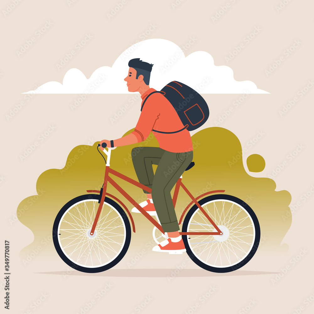 Man with a backpack behind his back rides a bicycle. Active lifestyle. Vector illustration