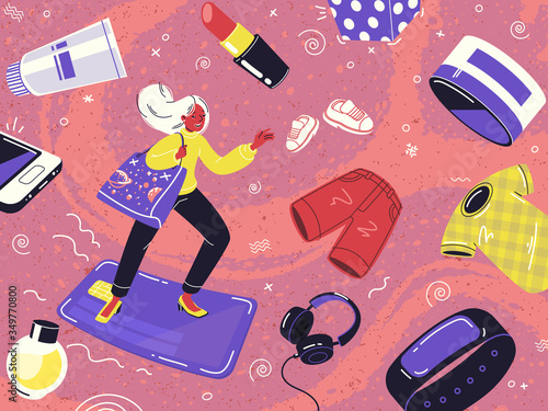 Concept of online shopping. A woman flies on a credit card through the expanses of the marketplace among a variety of goods