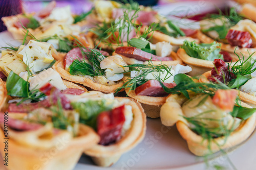 tartlets with sausage, cheese, fish and greens, eggs lie on a plate. snacks