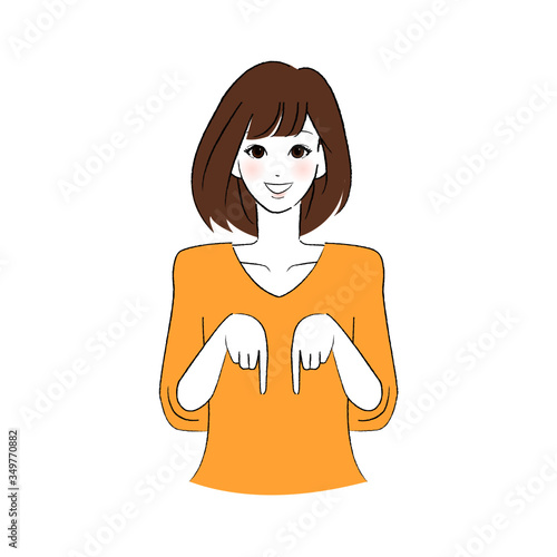 笑顔で指をさす女性