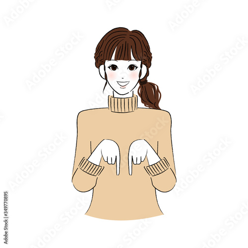 笑顔で指をさす女性