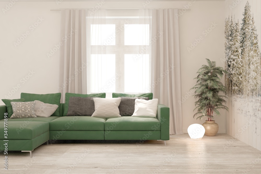 Fototapeta premium White living room with sofa. Scandinavian interior design. 3D illustration