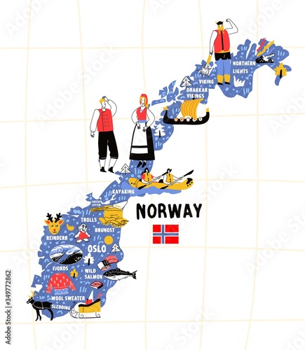 Norway map flat hand drawn vector illustration flag. Names lettering and cartoon landmarks, tourist attractions cliparts. Oslo Travel, trip comic infographic poster, banner concept design