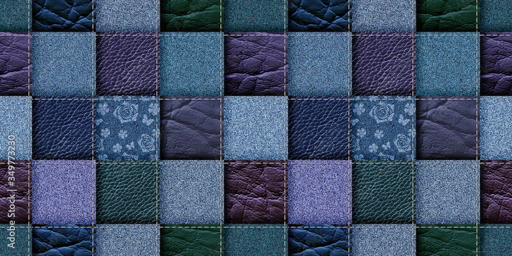 seamless leather and jeans patchwork background - obrazy, fototapety, plakaty 