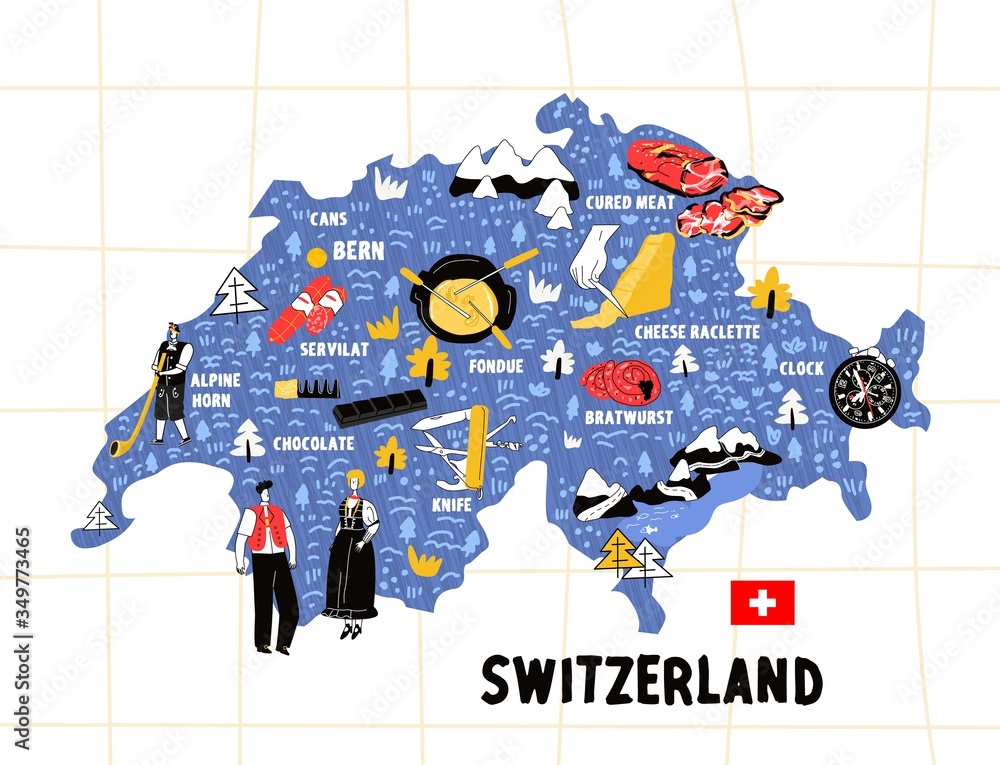 Switzerland map flat hand drawn vector illustration flag. Names lettering and cartoon landmarks, tourist attractions cliparts. Bern travel, trip comic infographic poster, banner concept design