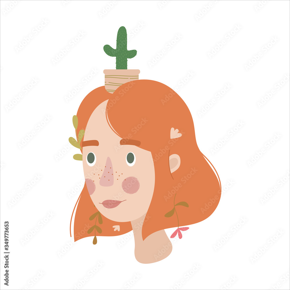 Cute ginger girl with cactus on the head. Zero waste, autumn, hobby, taking care of houseplants, growing potted plants at home concepts. Scandinavian style. Flat cartoon. Vector stock illustration. Cute ginger girl with cactus on the head. Zero waste, autumn, hobby, taking care of houseplants, growing potted plants at home concepts. Scandinavian style. Flat cartoon. Vector stock illustration.