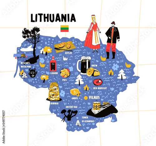 Lithuania map flat hand drawn vector illustration flag. Names lettering and cartoon landmarks, tourist attractions cliparts.Vilnius travel, trip comic infographic poster, banner concept design