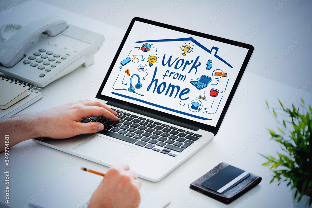 Man hands typing on laptop, work from home sketch Man hands typing on laptop, work from home sketch