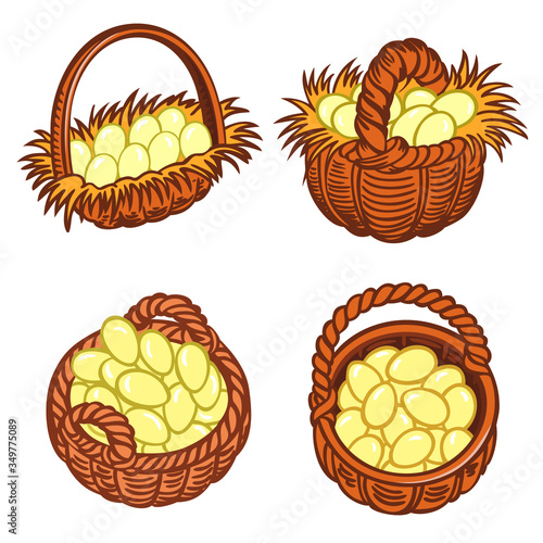 Simple icon illustration of eggs in different wicker baskets.