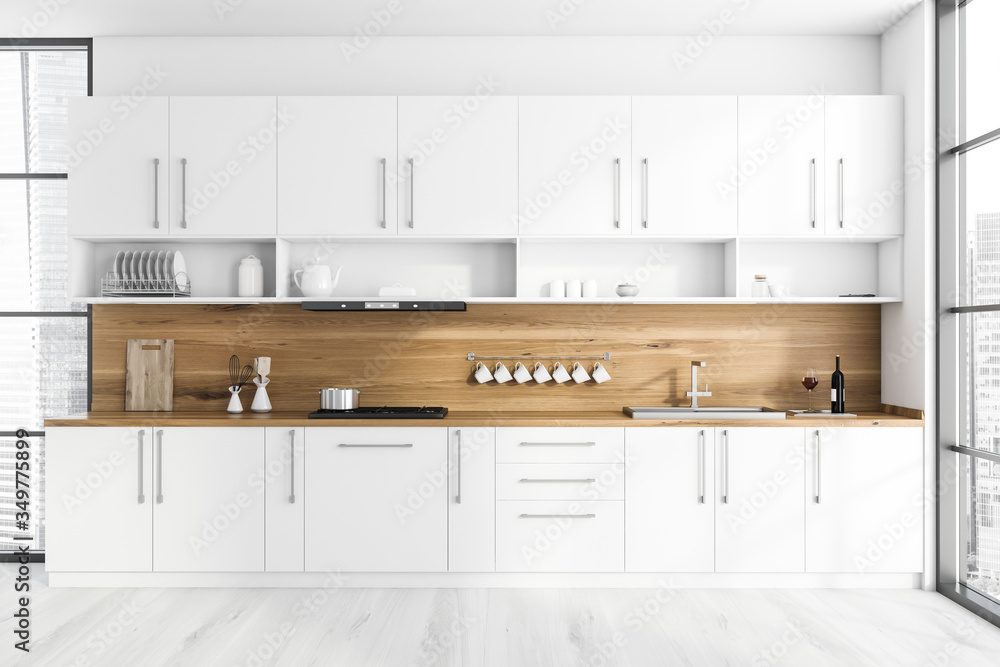 White and wood kitchen interior with countertops White and wood kitchen interior with countertops