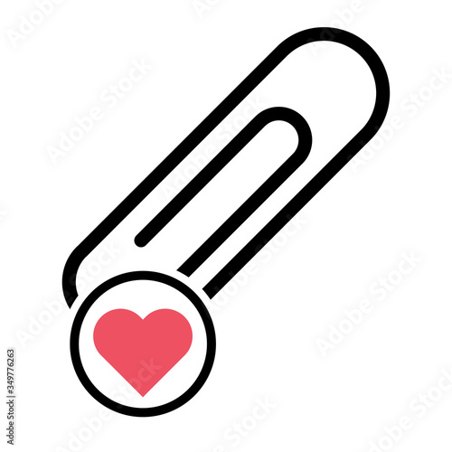 Paper clip with red heart, black color isolated on white background. School element vector