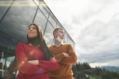 business team with protective medical mask