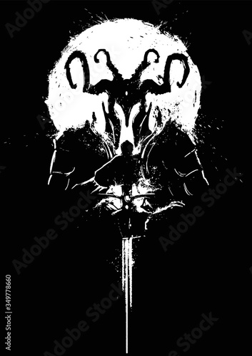 A silhouette of a demon in a horned helmet, with a sword held to its glowing chest, a white circle behind it, its eyes glowing in its black helmet . 2D illustration