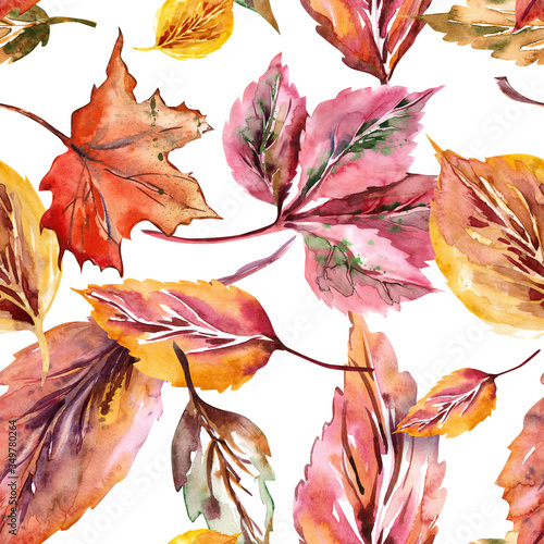 Autumn Leaves Seamless Pattern. Watercolor Illustration.