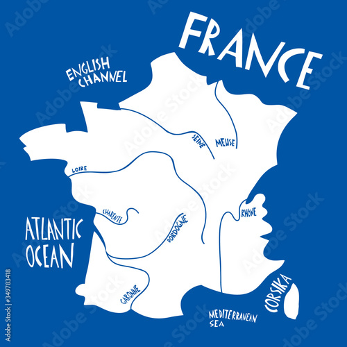 Vector hand drawn stylized map of France. Travel illustration with rivers names. Hand drawn lettering illustration. Europe map element