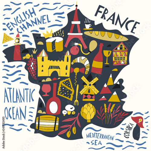 Vector hand drawn stylized map of France. Travel illustration with french landmarks, food and plants. Geography illustrations