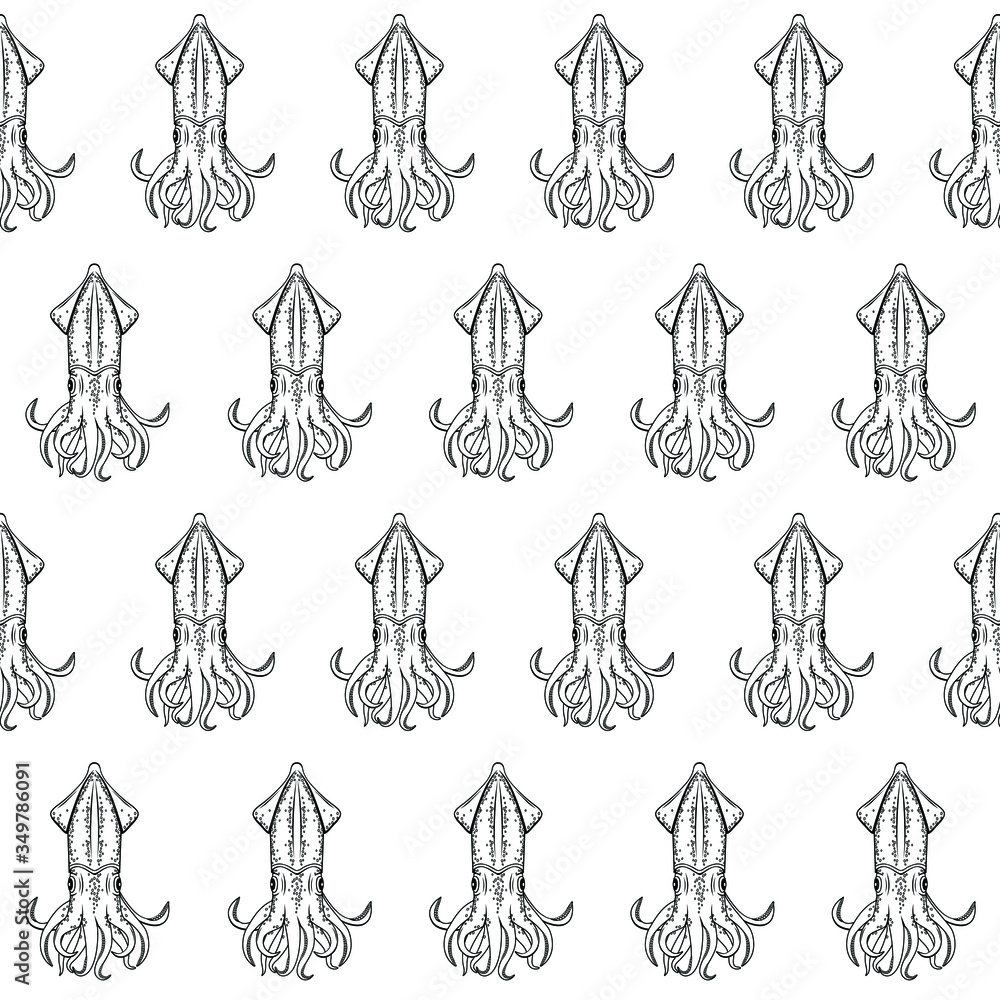 Seamless vector pattern of squids in black and white graphic style Seamless vector pattern of squids in black and white graphic style