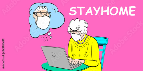 Elderly woman wearing antivirus mask reading news about coronavirus in the Internet and sitting at home during quarantine. Stay home concept. Comics cartoon vector illustration.