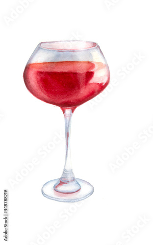 Still-life painting. Glass Red Wine. Watercolor Illustration. Botanical realistic. Can be used as postcards, patterns, prints for menu.