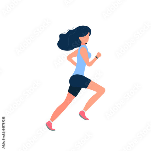 The girl is running. The girl in shorts and a t-shirt is jogging. Isolated. Vector.