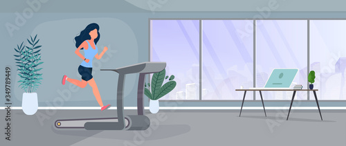Girl runs on a treadmill. The girl is engaged in a running simulator. The concept of sport and healthy lifestyle. Gym, exercise machine. Vector.
