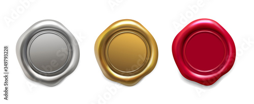 Seal wax set. Golden, silver, red wax candle stamp. Quality guaranteed logo, postage label realistic vector