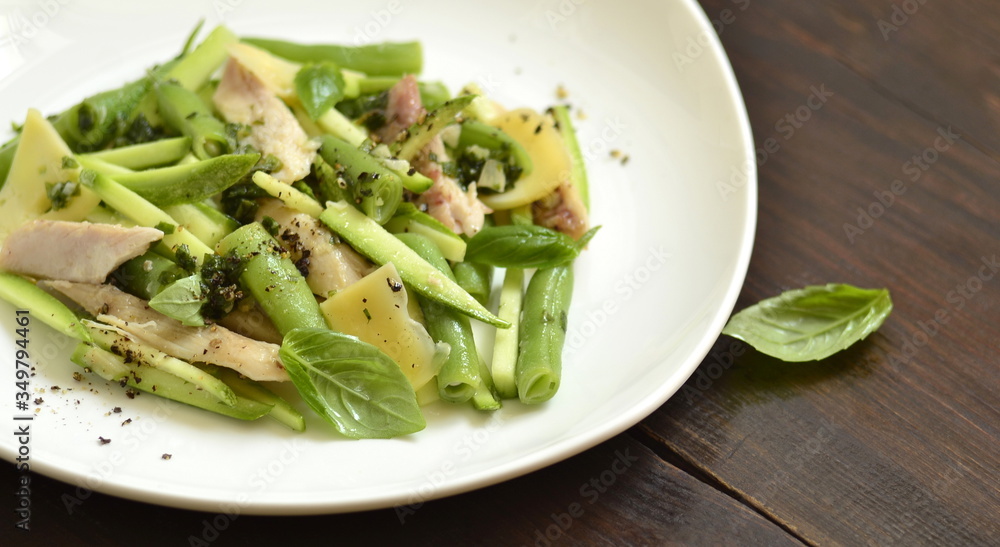 Chicken salad with zucchini, green beans and basil pesto