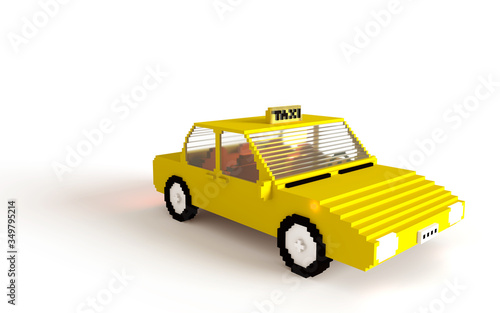 Yellow 3D blocks taxi car on white background. Typical New York cab drivers car. copy space