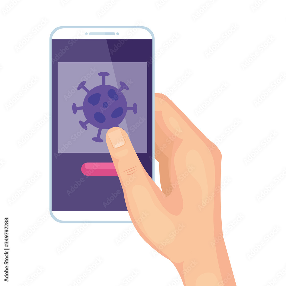 hand using searching covid 19 online in smartphone vector illustration design