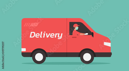 Delivery man drives van service during the prevention of Covid-19. Courier wear face mask and glove. Quarantine, stay home and new normal concept, vector flat illustration