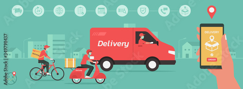 Delivery man on van and bike on the way to customer home. Hand using phone with mobile app for online delivery tracking order service concept. Technology logistic, new normal, vector flat illustration
