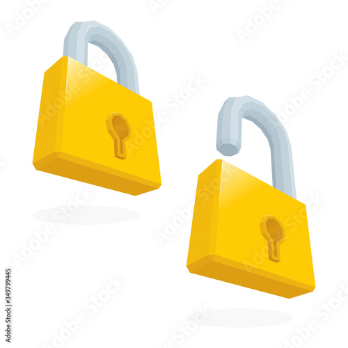 Open and closed padlocks set. Realistic padlocks vector illustrations collection. Isometric padlocks graphics. Part of set. 