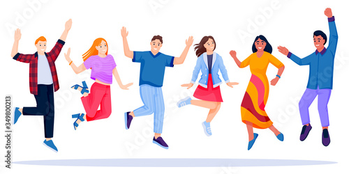 Jumping and dancing multiethnic happy people team. Vector characters illustration. Young carefree men and women