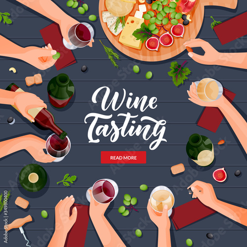 People tasting and drinking wine. Top view flat cartoon vector illustration of human hands with glasses and bottles