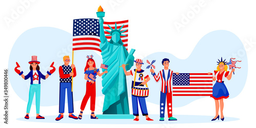 Celebrating 4th of July, USA Independence Day. Vector cartoon character illustration. Happy people in patriotic costumes