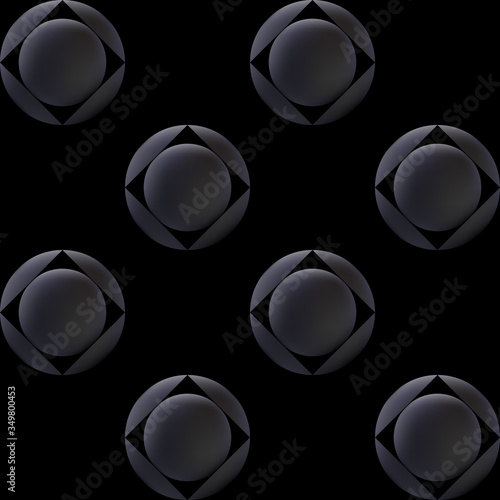 Minimalistic futuristic black design. 3d balls and squares on a black background.
