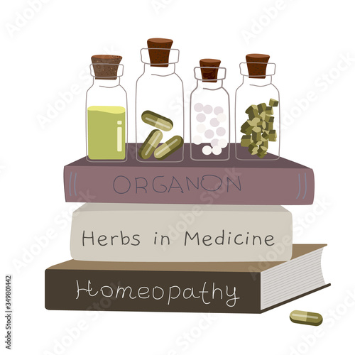 Naturopathy and homopathy treatment and medical books, herbal alternative medicine design concept icon, naturopathic therapy symbol vector illustration.