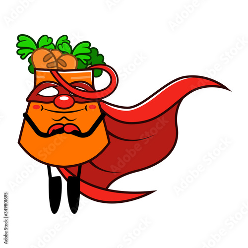Shopping Bag in Superhero style mascot wearing mask and cloak, get pose on flying and carrying groceries package, good for discount, promotion, and super sale decoration or sticker Cartoon Vector