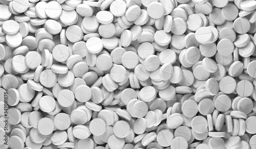 Fototapeta Naklejka Na Ścianę i Meble -  Medicine pills on white background. White pill. The cure for the virus. Pill with Vitamins or Bio Supplements. 3d illustration