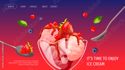 Website design for Ice cream parlor or shop, Sweet products, Dessert. Scoops of ice cream in a vase, berries and spoons. Vector illustration for poster, banner, website, commercial, menu. 