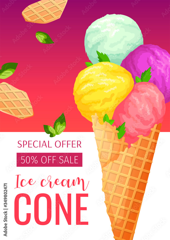 Flyer design for Ice cream shop or parlor, Sweet products, Dessert, Summer. Ice cream cone with